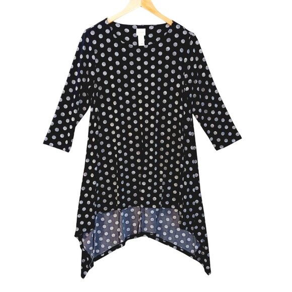 Chico's Tops - Chico's, Solar Polka Dots, Small, Black & White Tunic Top, HI-Low, Elbow Sleeves